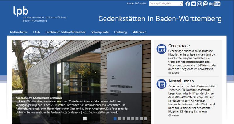 Die Startseite von der Internet·seite zu Gedenk·stätten in Baden-Württemberg